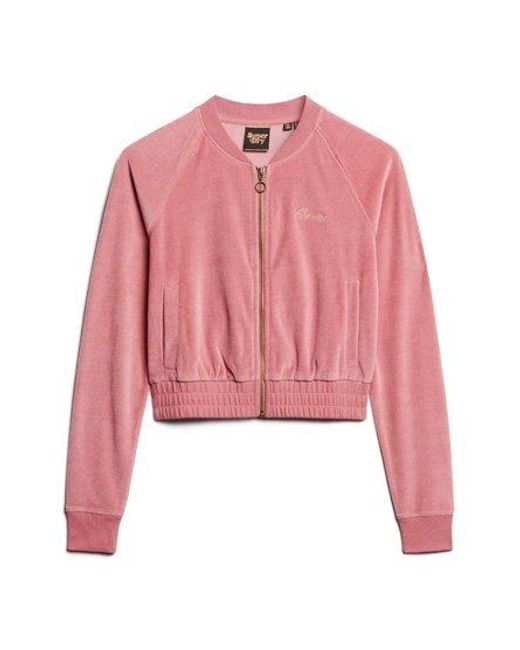 Superdry Pink Embroidered Velour Zip Baseball Top