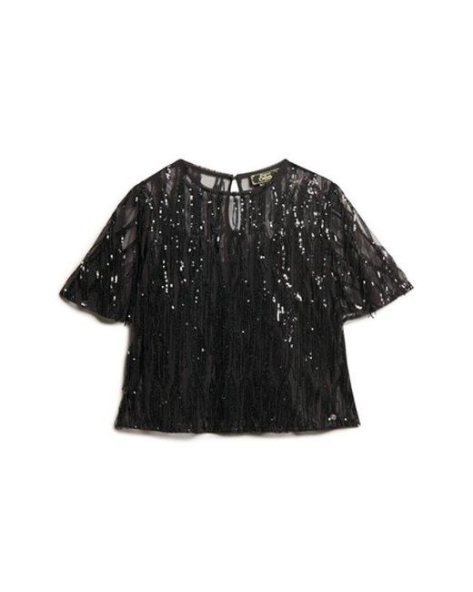 Superdry Black Sheer Short Sleeve Sequin Top - Size: 8