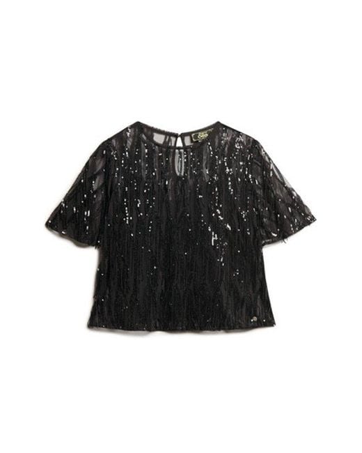 Superdry Black & Co Sheer Short Sleeve Sequin Top