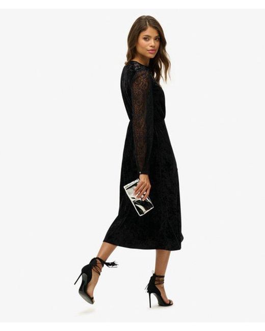 Superdry Black & Co Lace Sleeve Velvet Midi Dress
