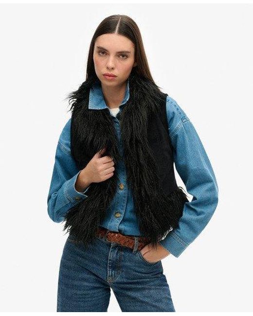 Superdry Blue Faux Fur Lined Afghan Cropped Gilet