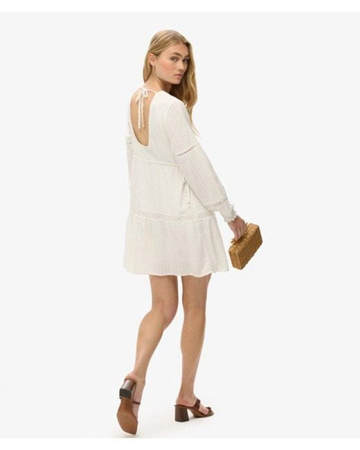 Superdry White Cotton Ibiza Long Sleeve Tiered Mini Dress