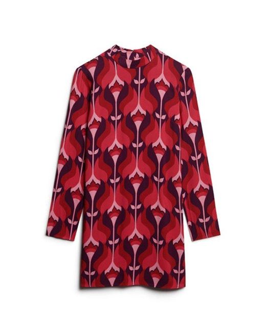 Superdry Red Printed Long Sleeve Mini Dress
