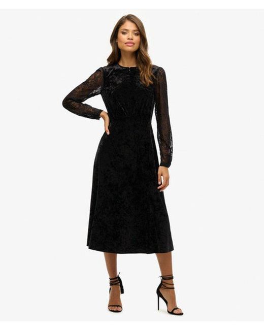 Superdry Black & Co Lace Sleeve Velvet Midi Dress