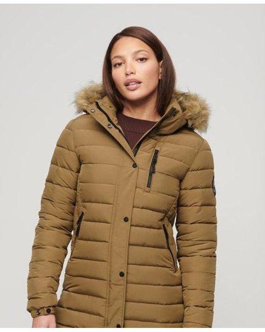 Superdry Natural Faux Fur Hooded Longline Light Padded Puffer Coat