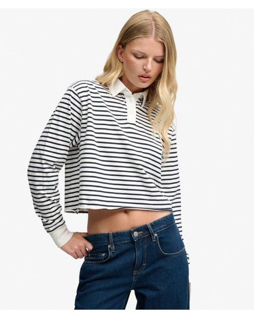 Superdry Blue Athletic Essential Cropped Stripe Rugby Top