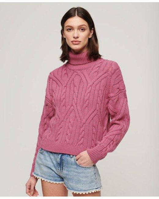 Superdry Pink Twist Cable Knit Polo Neck Jumper
