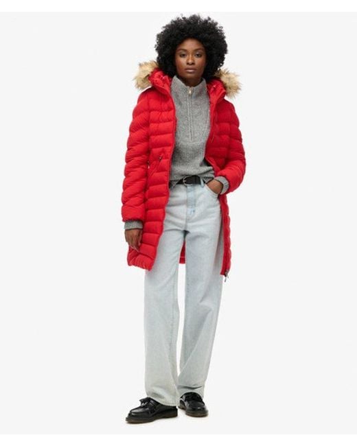 Superdry Red Fuji Faux Fur Hood Mid Length Puffer Coat