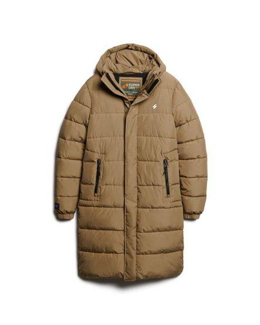 Superdry Brown Hooded Longline Sports Puffer Jacket for men