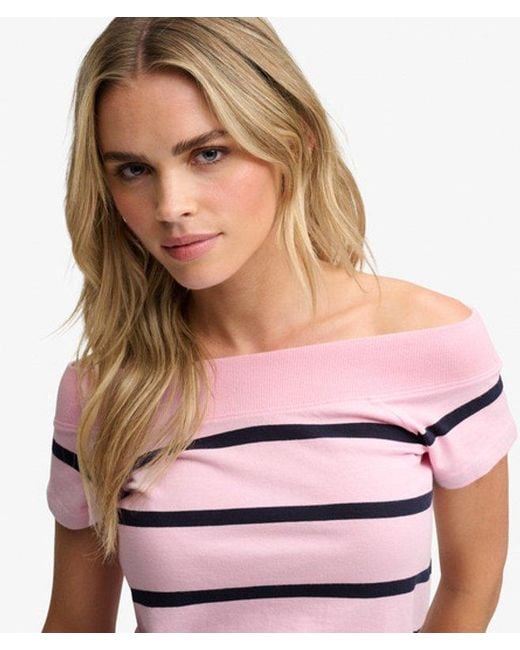Superdry Red & Co Athletic Off Shoulder Pattern Top
