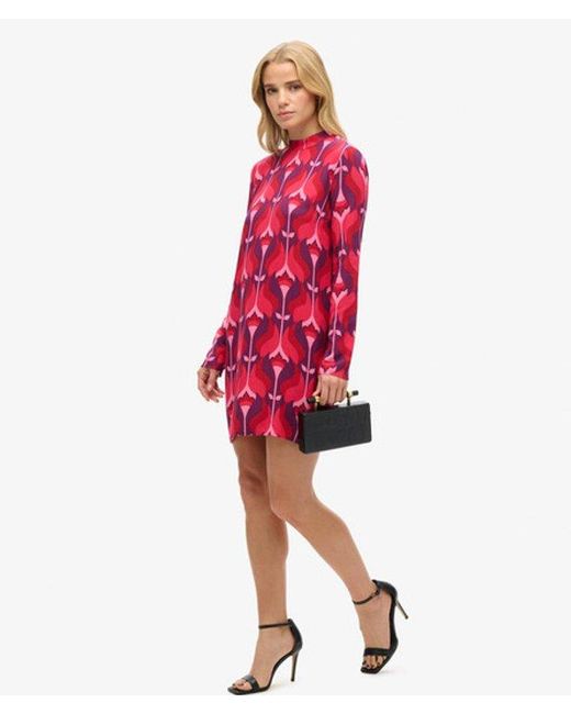Superdry Red Printed Long Sleeve Mini Dress