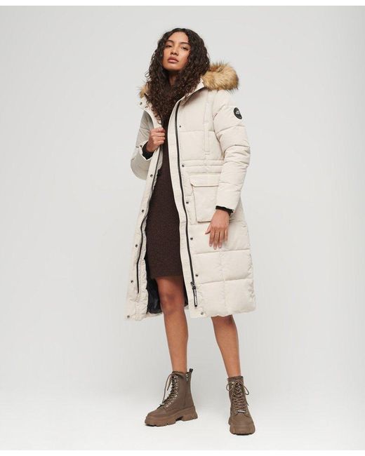 Superdry Fully Lined Quilted Everest Longline Puffer Coat in Natural | Lyst