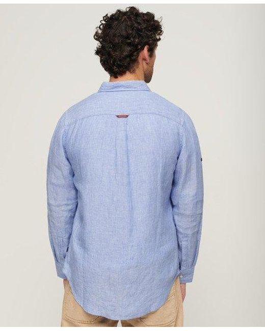 Superdry Blue Casual Linen Long Sleeve Shirt for men