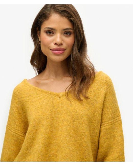 Superdry Yellow Oversized V Neck Jumper - Size: 10