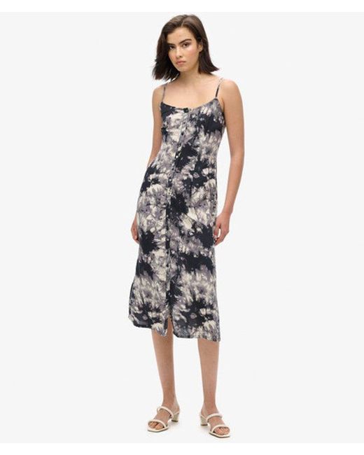 Superdry Blue Floral Printed Button-up Cami Midi Dress