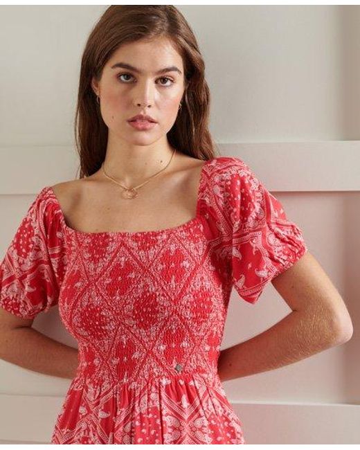 Superdry Red Kala Smocked Playsuit Aop