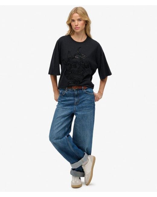 Superdry Black & Co Tattoo Embellished Oversized T-shirt