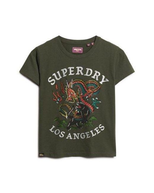 Superdry Green Tattoo Rhinestone Fitted T-shirt