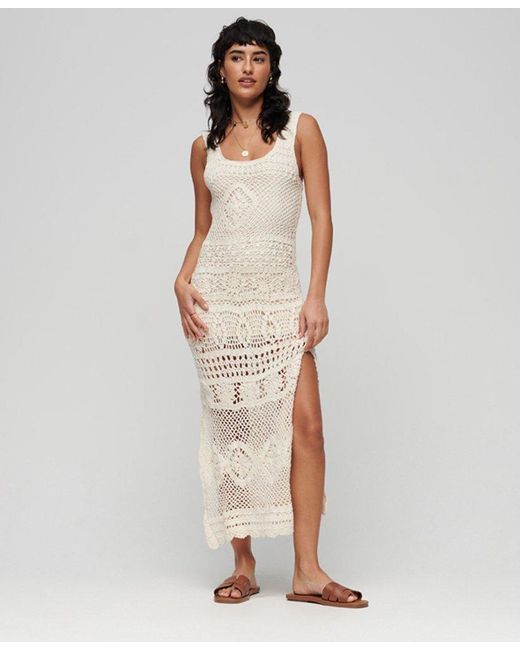 Superdry White Crochet Sleeveless Midi Dress