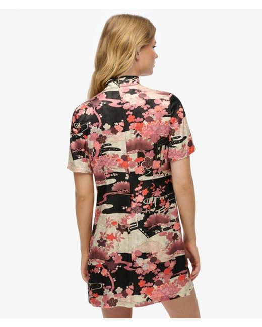 Superdry Red Floral Print Mandarin Jacquard Mini Dress