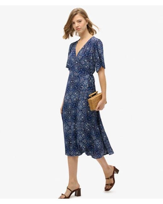 Superdry Blue Printed Wrap Midi Dress