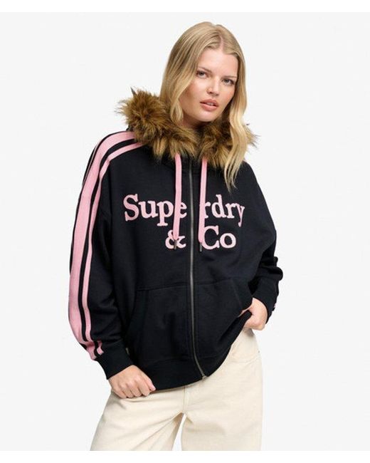 Superdry Black & Co Vintage Fur Applique Zip Hoodie
