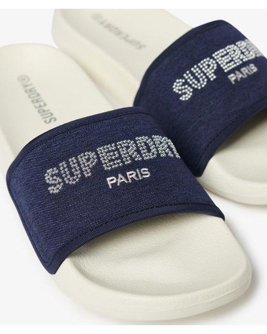 Superdry Blue & Co Rhinestone Luxe Pool Sliders