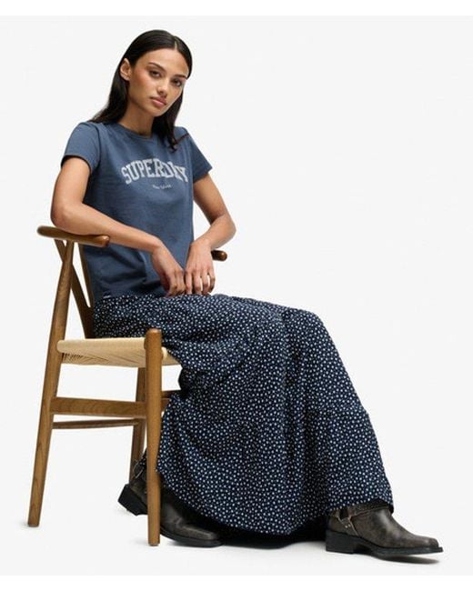 Superdry Blue Woven Tiered Maxi Skirt
