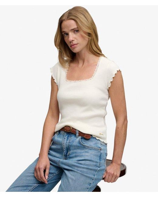Superdry White & Co Slim Fit Ribbed Essential Square Neck Short Sleeve T Shirt