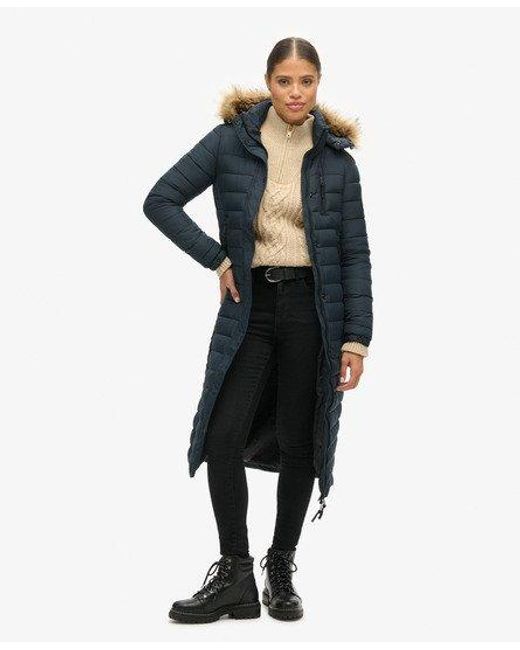 Superdry Lange Gewatteerde Pufferjas Met Capuchon Met Imitatiebont in het Black
