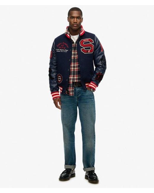 Superdry Blue College Varsity Patched Bomber Jacket for men