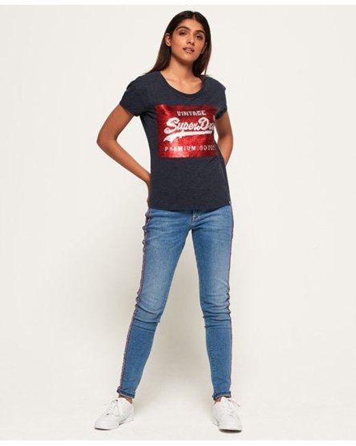 Superdry Blue Premium Sequin Slim Boyfriend T-Shirt Marl