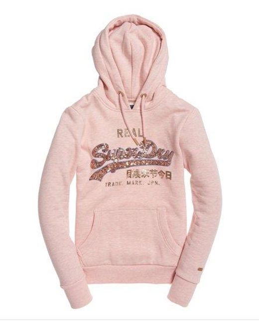 Superdry Pink Vintage Logo Sequin Outline Hoodie Shell Marl