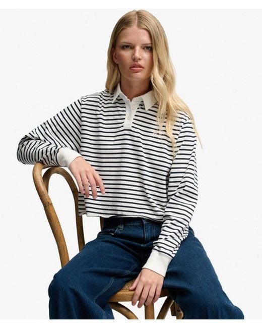 Superdry Blue Athletic Essential Cropped Stripe Rugby Top