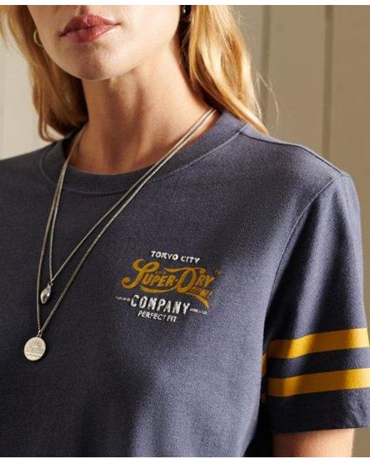 Superdry Blue Script Style College T-Shirt Ticking Stripe