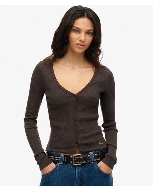 Superdry Black Essential Button Long Sleeve Top