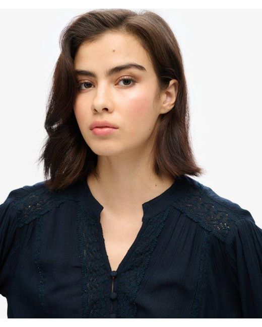 Superdry Blue & Co Classic Long Sleeve Lace Trim Smocked Blouse