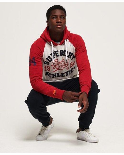 Superdry Red Track & Field Raglan Hoodie Ice Yarn Dye Grit/Detroit Grit for men