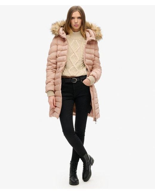 Doudoune mi-longue à capuche en fourrure synthétique Superdry en coloris Natural