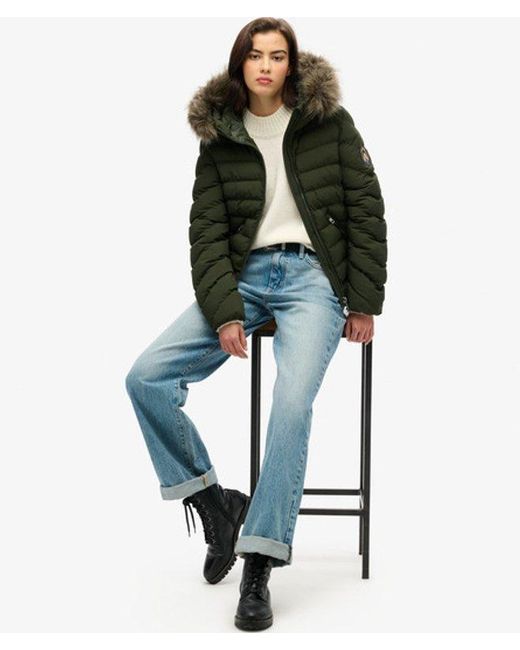 Superdry Green Fuji Faux Fur Hooded Padded Jacket