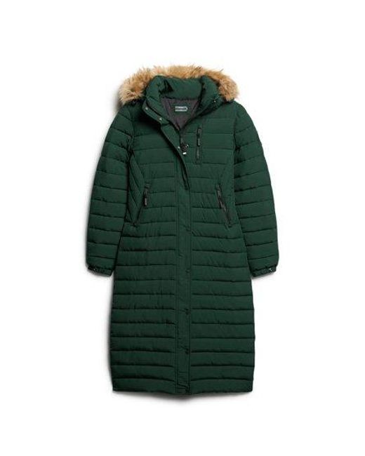 Superdry Green Faux Fur Hooded Longline Light Padded Puffer Coat