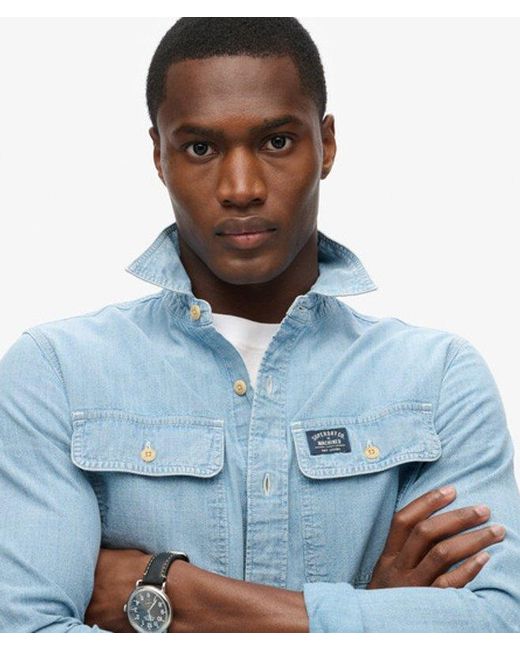 Superdry Blue Cotton Workwear Long Sleeve Shirt for men