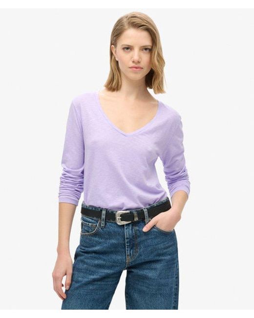 Superdry Jersey Top Met V-hals En Lange Mouwen in het Purple