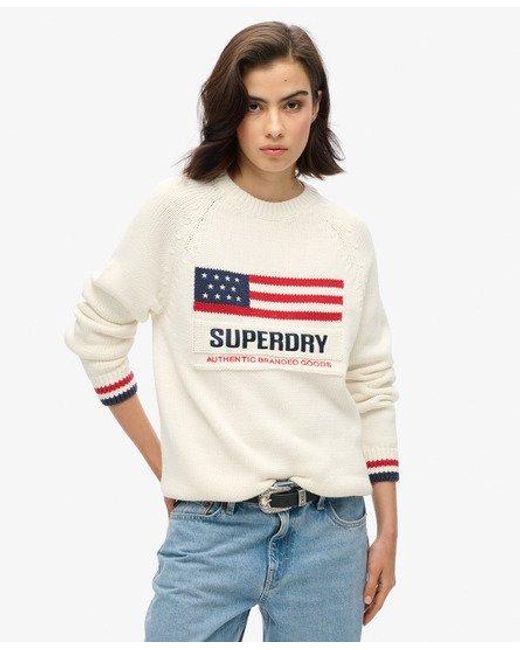 Superdry White Loose Fit Cable Knit Americana Crew Jumper