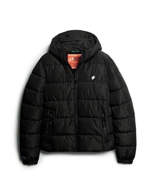 Superdry Black Classic Logo Embroidered Hooded Sports Puffer Jacket for men