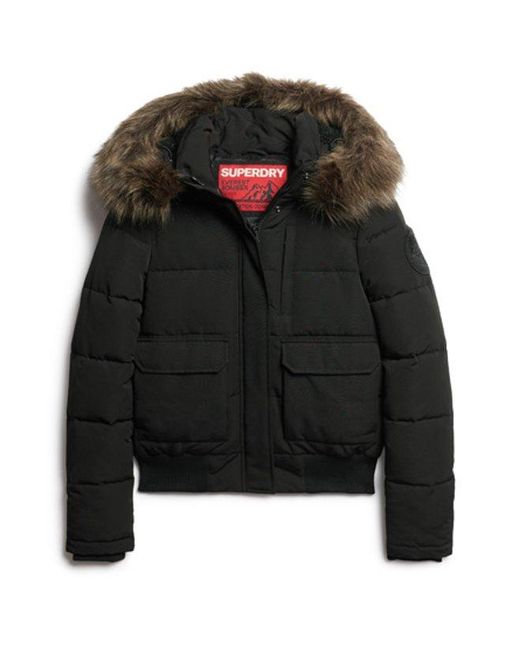 Superdry Black Fully Lined Embroidered Badge Hooded Everest Puffer Bomber Jacket