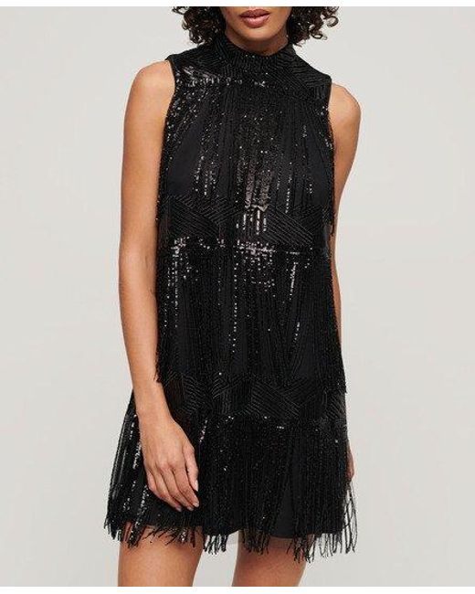 Superdry Black Classic Sequin Embellished Fringe A Line Mini Dress