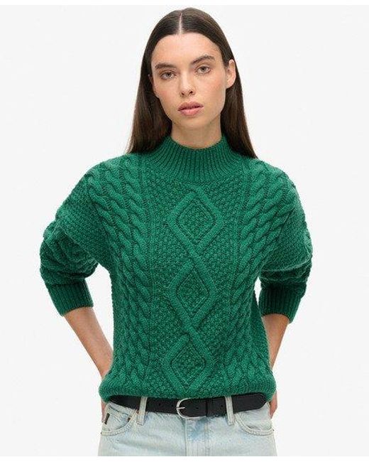 Superdry Green Aran Cable Knit Polo Jumper