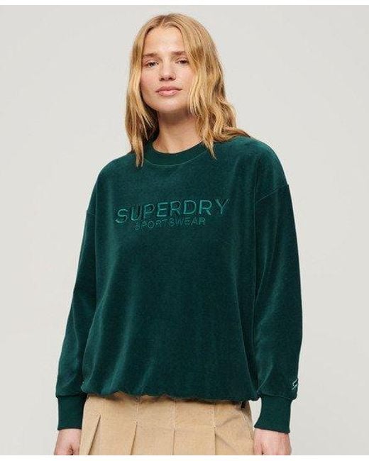 Superdry Green Ladies Boxy Fit Graphic Embroidered Velour Crew Sweatshirt