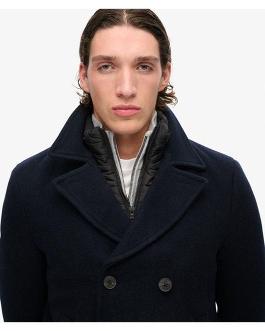 Superdry Blue Classic 2 In 1 Wool Pea Coat for men